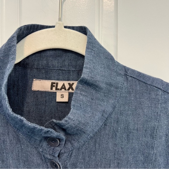 Flax 100% Linen Button Front Top Small Navy Blue Long Sleeve Mandarin Collar - Picture 3 of 6